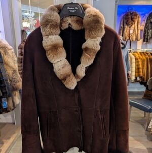 Brown Shearling With Chinchilla Fur-Trimmed Jacket